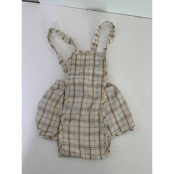VINTAGE Romper Boys 9-12 Months One Piece Brown Plaid Built in Plastic Protector - Picture 2 of 5